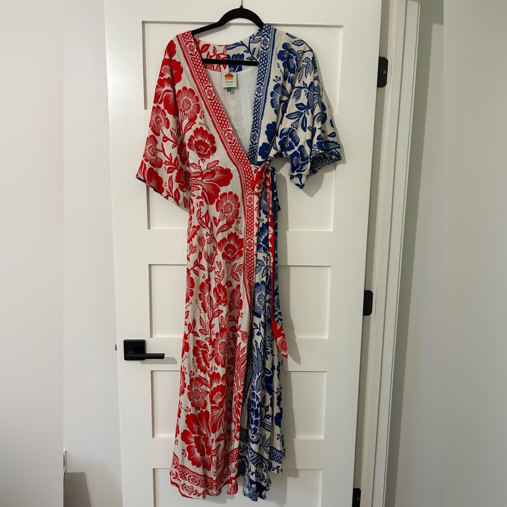 Farm Rio wrap dress, red and blue, S, EUC, worn once